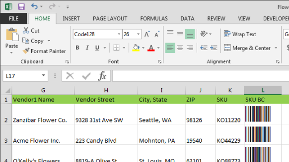 Code 128 barcodes in an Excel spreadsheet