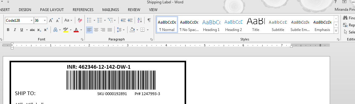 Code 128 barcodes in Microsoft Word