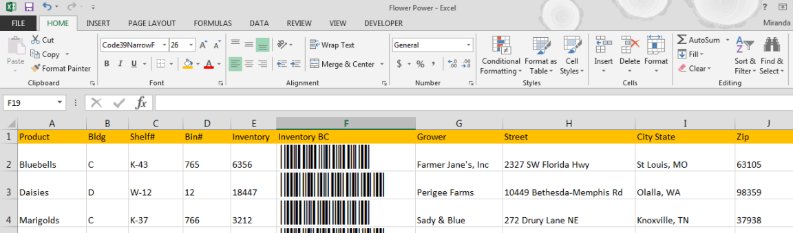 Code 39 barcodes Microsoft Excel