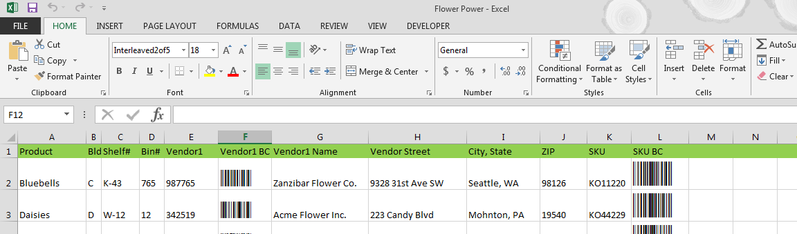 Barcodes in Excel spreadsheets